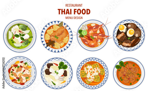 Set of vector banner illustrations with flat letters, delicious food. Thai food, red curry, tom yam, cooking from the top view, recipe, menu, restaurant for food design, poster. and background.