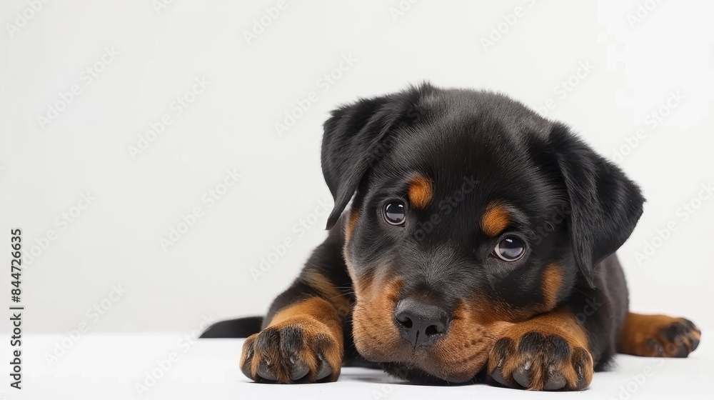 Rottweiler puppy against a white backdrop Rottweiler puppy against a white backdrop