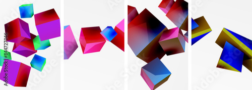 Flying 3d shapes, cubes and other geometric elements background design for wallpaper, business card, cover, poster, banner, brochure, header, website