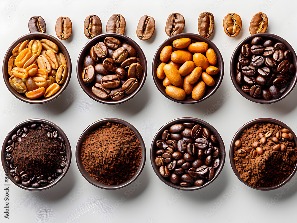 Assorted Coffee Beans and Grounds in Bowls Assorted Coffee Beans and Grounds in Bowls