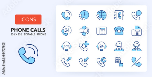Line icons about phone and calls. Contains such icons as call center, emergency, 24h service and more. 256x256 Pixel Perfect editable in two colors