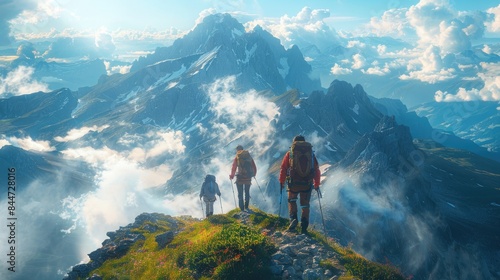 A group of hikers reaching the summit of a breathtaking mountain peak, with panoramic views of vast valleys and majestic peaks