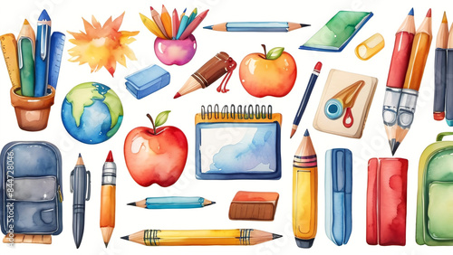 Artistic School Essentials in Watercolor Watercolor Illustration of School Supplies With a Drawing of a School Building. Generative AI
