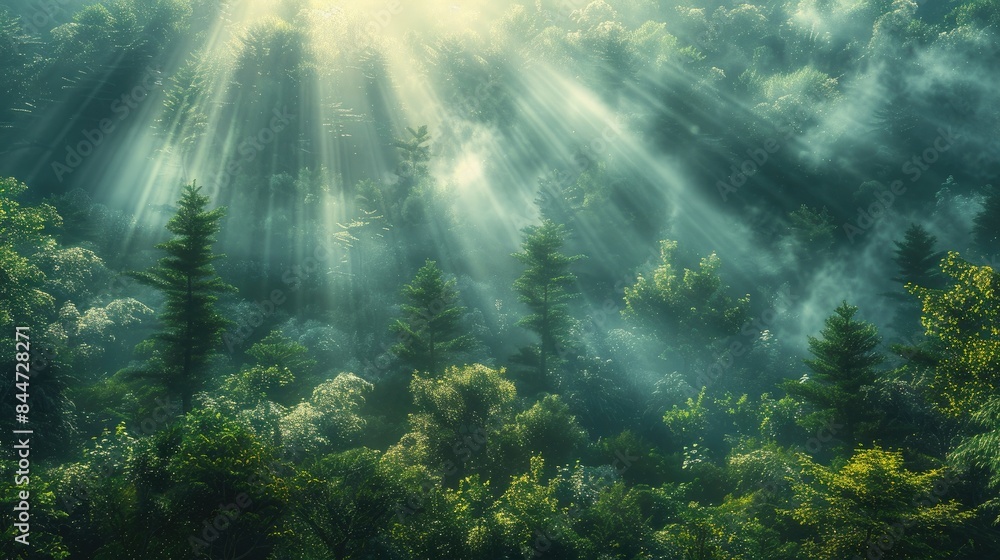 Obraz premium A misty forest shrouded in an ethereal glow, with rays of sunlight filtering through the dense foliage