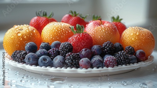 A mouthwatering assortment of fresh fruits arranged artfully on a crisp white platter  with droplets of water glistening on their vibrant surfaces