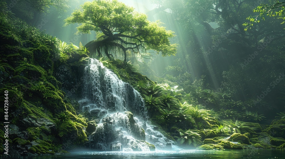 A secluded waterfall hidden deep in a lush rainforest, with misty air and vibrant flora, transporting viewers to a world of untouched natural beauty A secluded waterfall hidden deep in a lush rainforest, with misty air and vibrant flora, transporting viewers to a world of untouched natural beauty