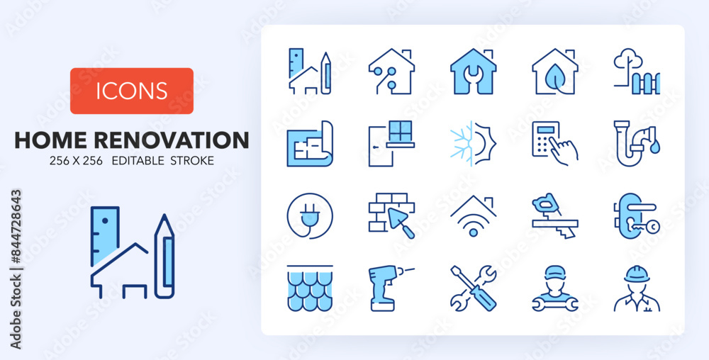 Line icons about house building and renovation. Contains such icons as design, repair, masonry and more. 256x256 Pixel Perfect editable in two colors Line icons about house building and renovation. Contains such icons as design, repair, masonry and more. 256x256 Pixel Perfect editable in two colors