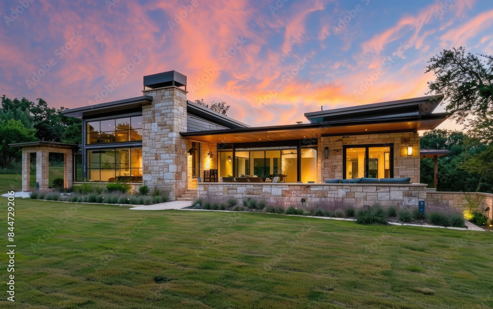 modern single family home in san marcos texas, dusk with beautiful sky, stone exterior and green grass lawn 