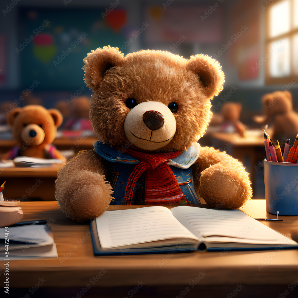 Cuddy Teddy bear plush toy reading writing n school classroom Childhood Education Literacy Concept Poly illustration Cuddy Teddy bear plush toy reading writing n school classroom Childhood Education Literacy Concept Poly illustration
