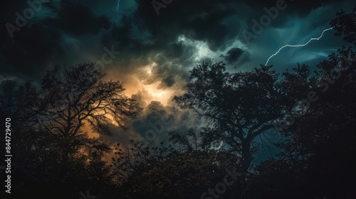 Lightning flashing amidst dark night skies over the trees