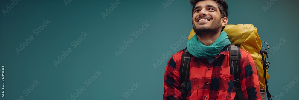 A joyful young Indian man with a backpack celebrating travel and adventure A joyful young Indian man with a backpack celebrating travel and adventure