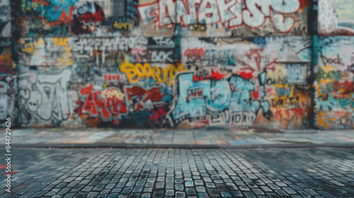 Wallpaper Mural A wall covered in graffiti tags and characters, showcasing the diversity of street art styles, blurred background Torontodigital.ca