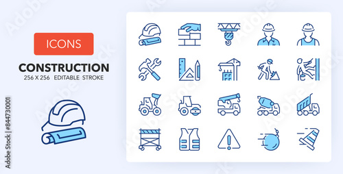 Line icons about construction industry. Contains such icons as architecture, machinery, equipment and more. 256x256 Pixel Perfect editable in two colors