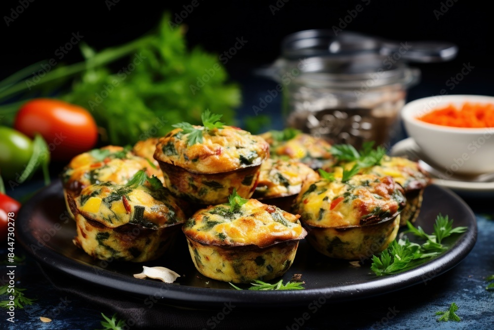 Freshly baked spinach and cheese egg muffins served on a black plate, garnished with parsley Freshly baked spinach and cheese egg muffins served on a black plate, garnished with parsley