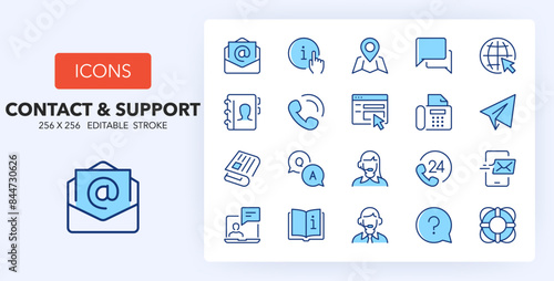 Line icons about contact and support. Contains such icons as customer service, information, call center and more. 256x256 Pixel Perfect editable in two colors photo