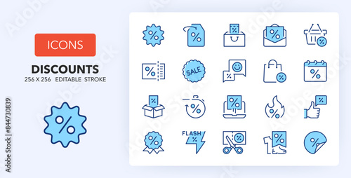Line icons about discounts. Contains such icons as offer, voucher, promotion and more. 256x256 Pixel Perfect editable in two colors