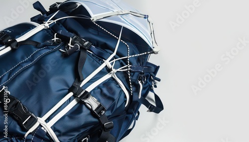 Frost white background, navy blue backpack with kite surfing sails and harnesses,