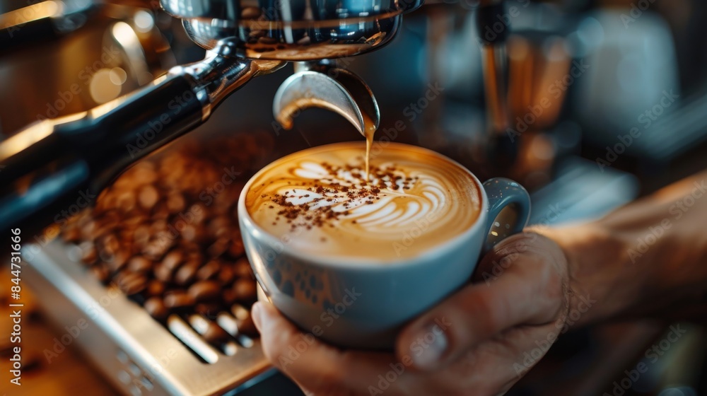 Skilled barista creating intricate latte art, perfect for showcasing coffee shop atmosphere Skilled barista creating intricate latte art, perfect for showcasing coffee shop atmosphere