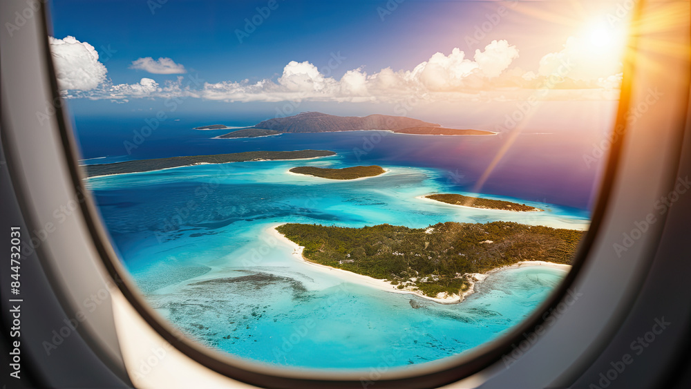 Photo of indoor to outdoor plane window to see down paradisiac islands Photo of indoor to outdoor plane window to see down paradisiac islands