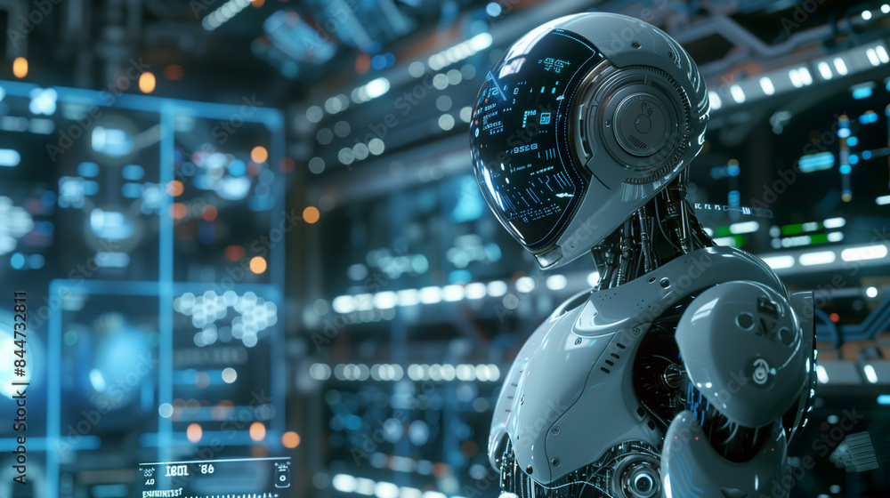Close-up shot of a white, advanced robot with a sleek, humanoid design. The robot is interacting with complex, futuristic information showcasing the future of Artificial Intelligence (AI) Close-up shot of a white, advanced robot with a sleek, humanoid design. The robot is interacting with complex, futuristic information showcasing the future of Artificial Intelligence (AI)