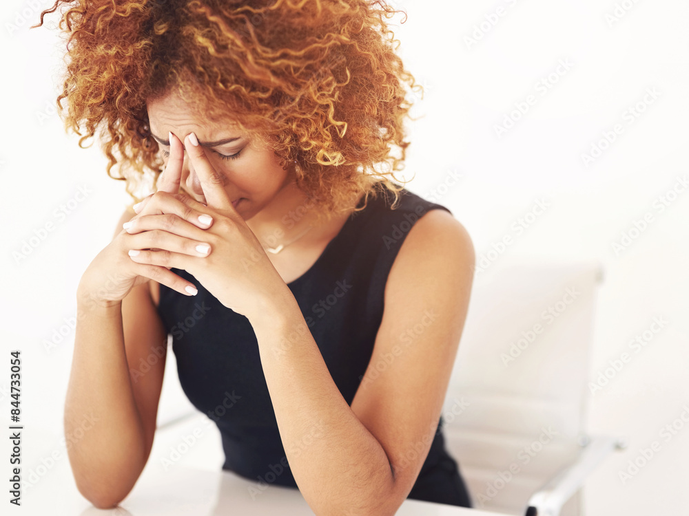 Black woman, headache and stress from fail in office with tired employee with burnout and anxiety. Brain fog, fatigue and working problem at desk with worry from public relations deadline at job Black woman, headache and stress from fail in office with tired employee with burnout and anxiety. Brain fog, fatigue and working problem at desk with worry from public relations deadline at job