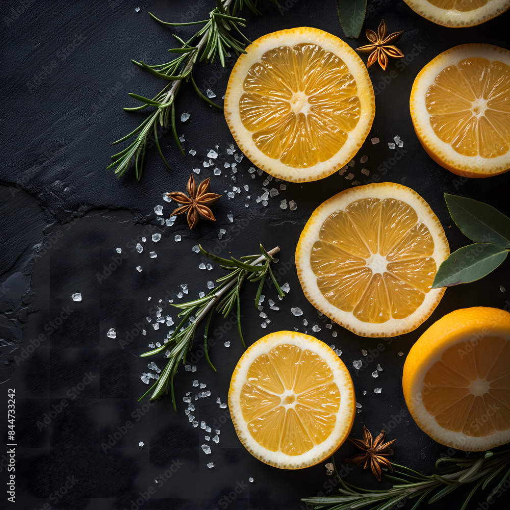 Fresh Citrus Fruits with Herbs and Spices on Dark Background Fresh Citrus Fruits with Herbs and Spices on Dark Background