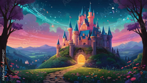 Wallpaper Mural Enchanting Fantasy Castle  with Mystical Sky and Lush Landscape Abstract Vector Art Torontodigital.ca