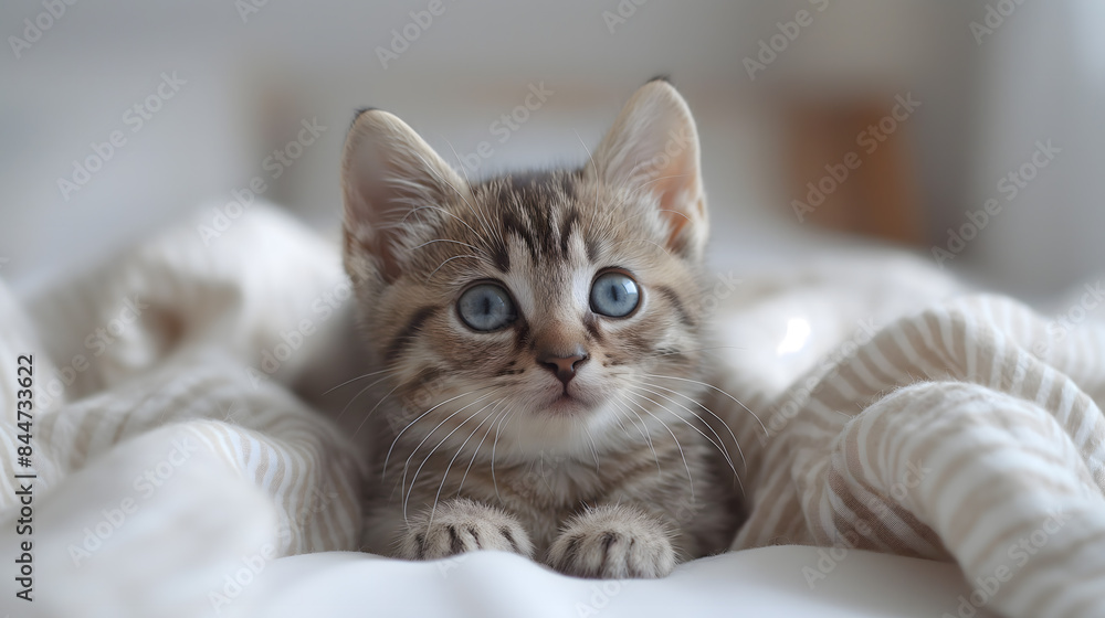 Adorable Blue-Eyed Kitten Relaxing in Soft White Blanket Adorable Blue-Eyed Kitten Relaxing in Soft White Blanket
