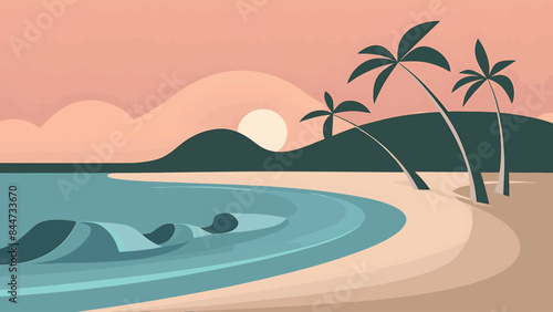 Tranquil Beach Sunset A Minimalist Illustration of Palm Trees, Waves, and Rolling Hills under a Softly Lit Sky Abstract Vector Art