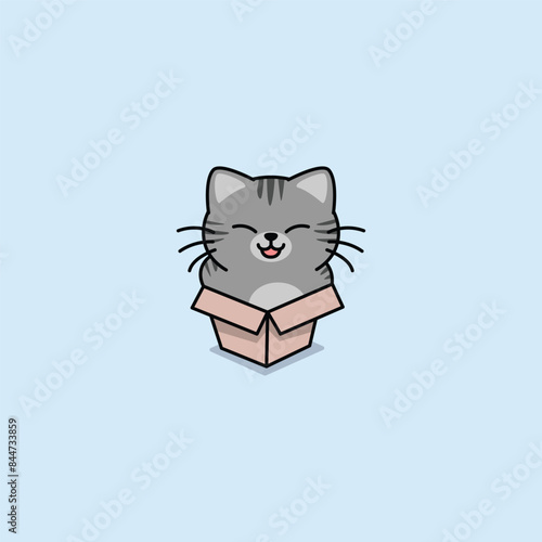 Cute tabby cat gray color in small box cartoon, vector illustration