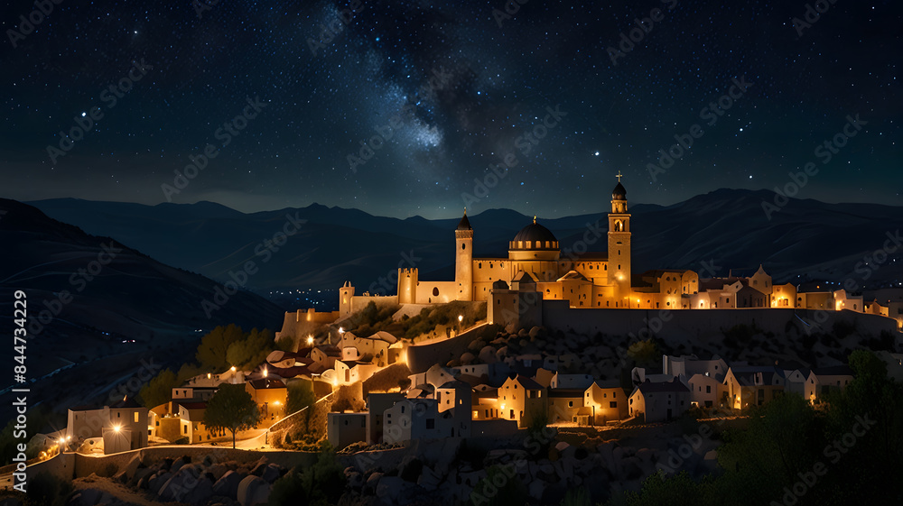 Fototapeta premium Star of Bethlehem from the Bible story in New Testament symbolizing Jesus’ birth shining brilliantly in the night sky. The star is extraordinarily bright, casting a long, shimmering tail pointing.