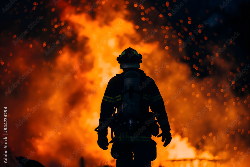 Silhouette of Firefighter Against Roaring Flames Silhouette of Firefighter Against Roaring Flames
