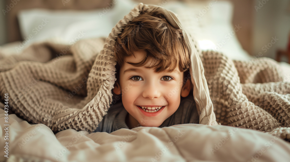 Cute young boy is lying on his stomach in bed with a weighted blanket pulled up over his head, smiling happily Cute young boy is lying on his stomach in bed with a weighted blanket pulled up over his head, smiling happily