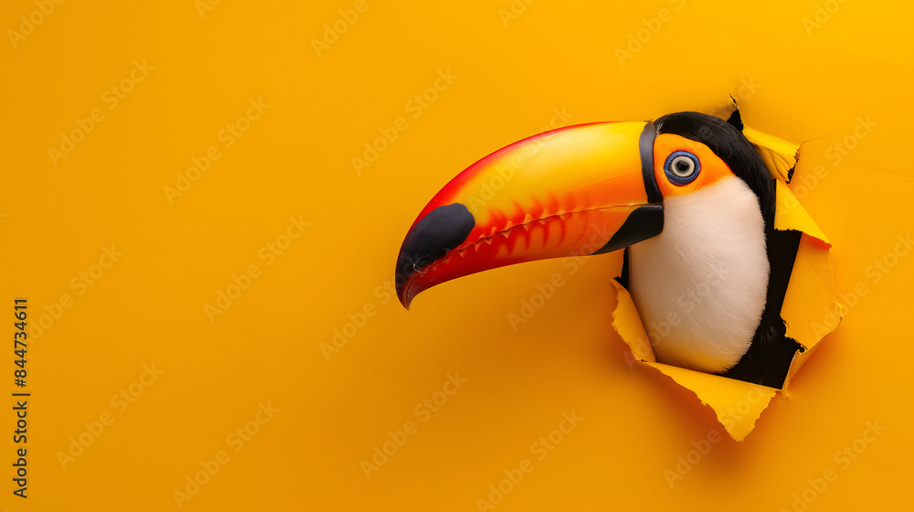 Naklejka premium Vibrant Toucan Peeking Through A Torn Yellow Paper Background