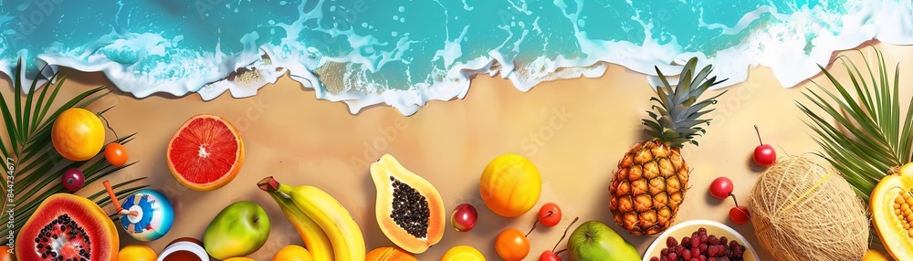 Fresh tropical fruits on a sandy beach near blue ocean waves. Perfect summer vacation background with vibrant colors. Fresh tropical fruits on a sandy beach near blue ocean waves. Perfect summer vacation background with vibrant colors.