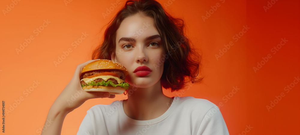 Cheerful Young Woman Holding a Delicious Cheeseburger Cheerful Young Woman Holding a Delicious Cheeseburger