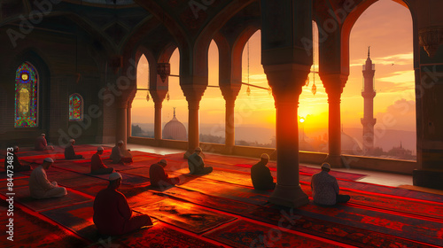 Serene Sunrise Prayer at an Ornate Mosque