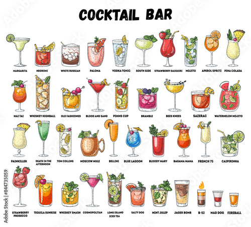 Alcoholic cocktails collection. Hand drawn vector illustration. Colorful Sketch set. Cognac, brandy, vodka, tequila, whiskey, champagne, wine cocktails.