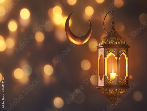 Enchanting Ramadan Lantern Emitting Warm Glow Against Blurred Background © slonme