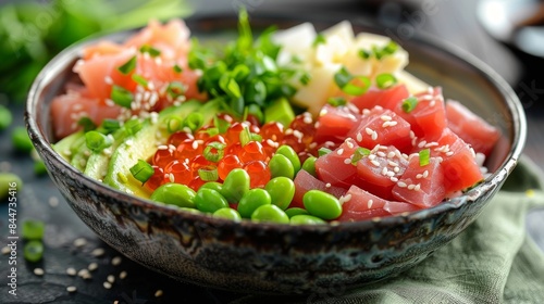Colorful poke bowl with fresh tuna, perfect for healthy eating and Hawaiian cuisine