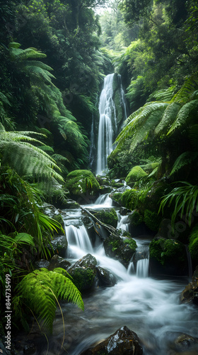 Enchanted Forest Waterfall Surrounded by Lush Greenery