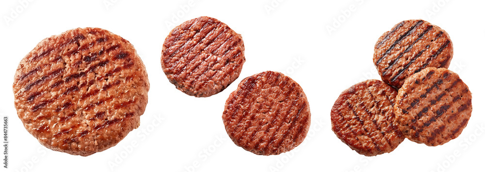 Grilled hamburger patties with visible sear marks and a juicy texture, arranged in groups. Grilled hamburger patties with visible sear marks and a juicy texture, arranged in groups.