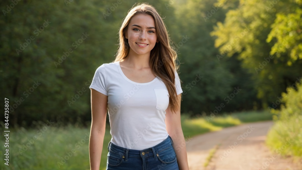 Young woman wearing white t-shirt and blue jeans standing in nature Young woman wearing white t-shirt and blue jeans standing in nature