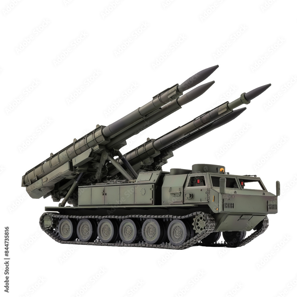 Multiple Launch Rocket System isolated on transparent png background. A military tank with three rockets on top of it Multiple Launch Rocket System isolated on transparent png background. A military tank with three rockets on top of it