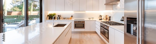 Modern kitchen with clean, white surfaces and stainless steel appliances