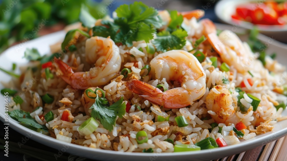Thai fried rice with shrimp and vegetables garnished with cilantro Thai fried rice with shrimp and vegetables garnished with cilantro