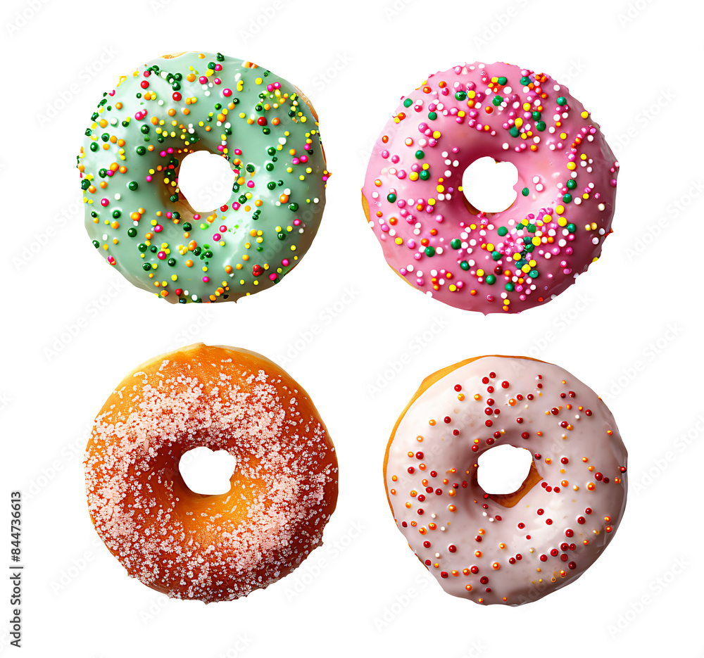 Four colorful donuts with various toppings and sprinkles. Four colorful donuts with various toppings and sprinkles.