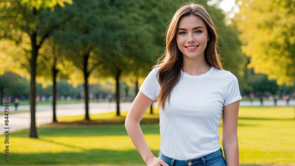 Young woman wearing white t-shirt and blue jeans standing in the park Young woman wearing white t-shirt and blue jeans standing in the park
