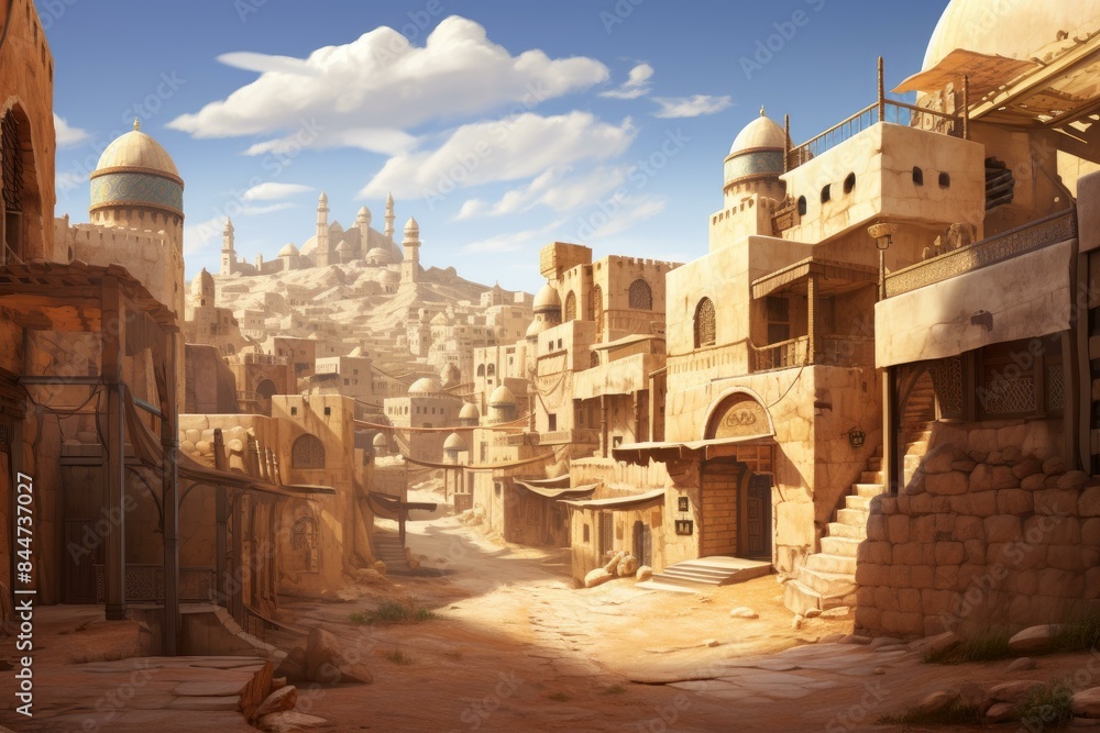 Fototapeta premium Atmospheric illustration of a historic desert city with intricate sandstone buildings under a serene sky