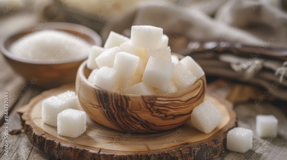 Close up of white sugar cubes in a bowl on a wooden board Close up of white sugar cubes in a bowl on a wooden board